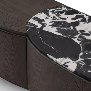 Maison Debrah Vivalenne TV unit with split black marble and dark grey elm top on grey metal base — view 3
