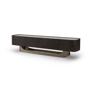 Maison Debrah Valenza low TV unit with ceramic top, dark grey elm veneer body and brass legs — view 2