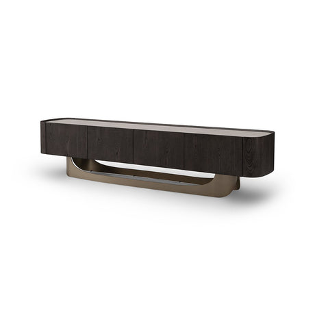 Maison Debrah Valenza low TV unit with ceramic top, dark grey elm veneer body and brass legs — view 2