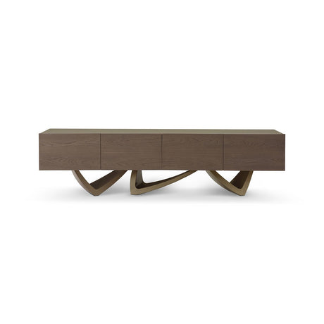 Maison Debrah Oryel TV unit with dark grey glass top, light grey elm body and brass legs