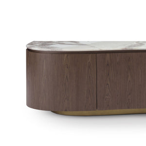 Maison Debrah Varlo TV unit with white marble top, walnut veneer body and vintage brass base — view 4