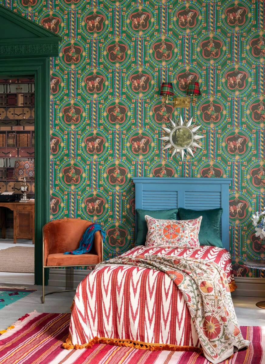 Venetian Ornament wallpaper in Green Multi by Natty & Polly, styled in an interior