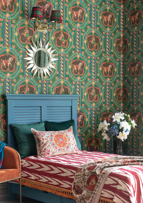 Venetian Ornament wallpaper in Green Multi by Natty & Polly, styled in an interior