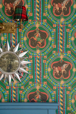 Venetian Ornament wallpaper in Green Multi by Natty & Polly, detail of the horse and sun motifs