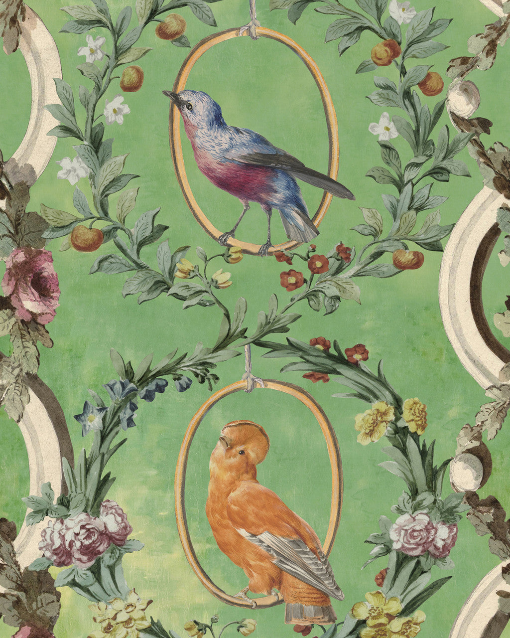 Countesse's Aviarium wallpaper in Mint by Natty & Polly, full pattern view