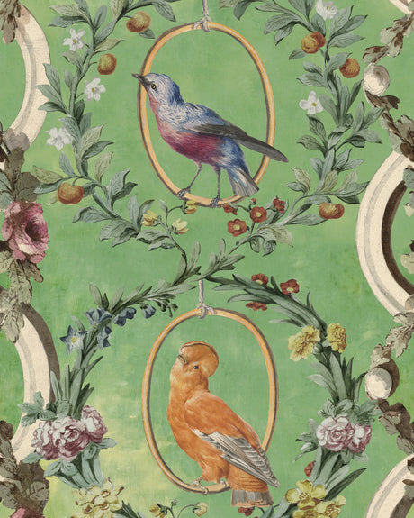 Countesse's Aviarium wallpaper in Mint by Natty & Polly, full pattern view