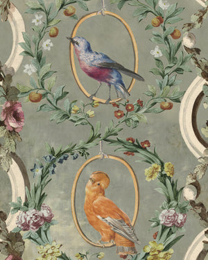 Countesse's Aviarium wallpaper in Neutral by Natty & Polly, full pattern view