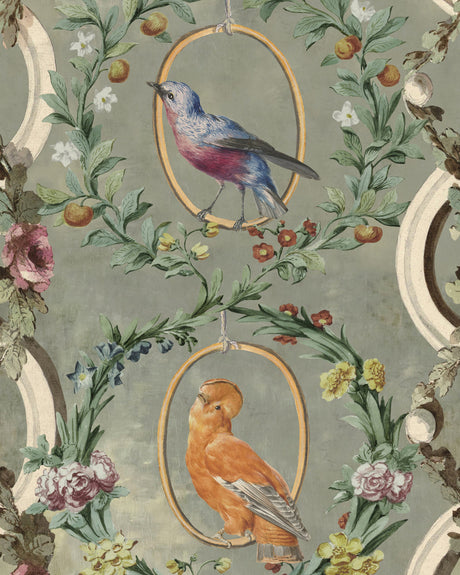 Countesse's Aviarium wallpaper in Neutral by Natty & Polly, full pattern view