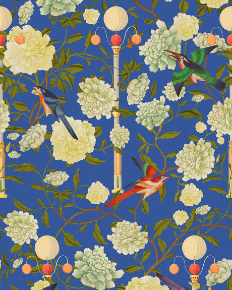 The Garden of Immortality wallpaper in Blue by Natty & Polly, full pattern view