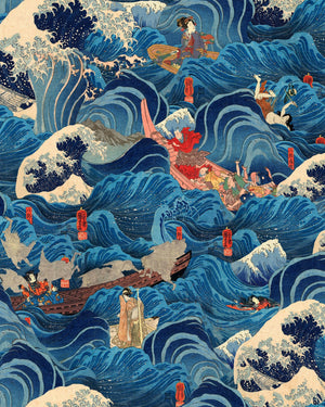The Former Emperor wallpaper in Blue by Natty & Polly, full pattern view
