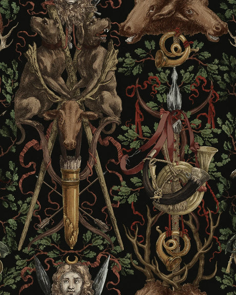 The Ganghofer Hunt Wallpaper in Black Multi, Cocolea Natty & Polly, Black Multi, Roll (9 m × 52 cm),