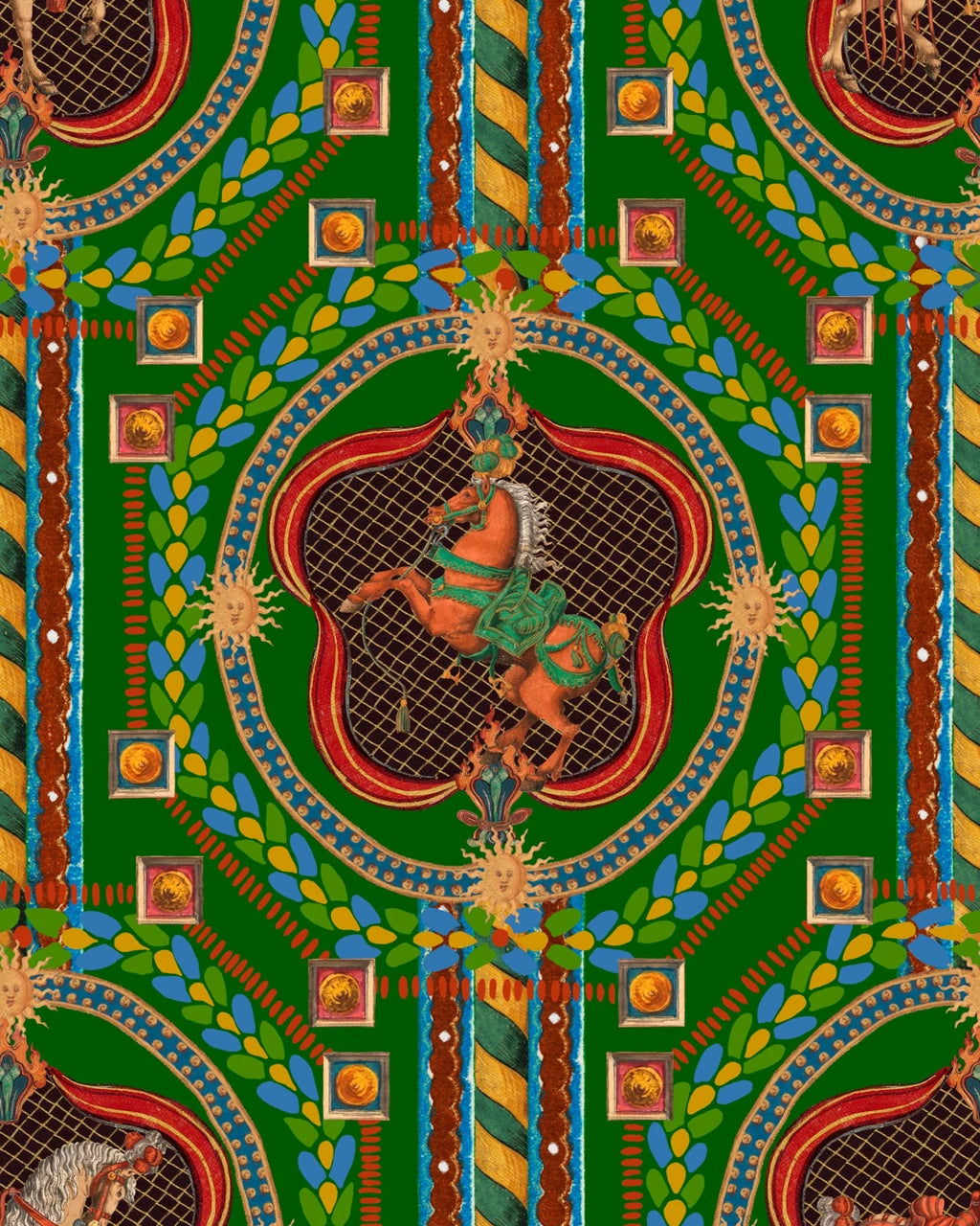 Venetian Ornament wallpaper in Green Multi by Natty & Polly, full pattern view