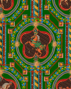 Venetian Ornament wallpaper in Green Multi by Natty & Polly, full pattern view
