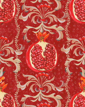 Melagranata wallpaper in Red by Natty & Polly, close-up of the pattern and texture