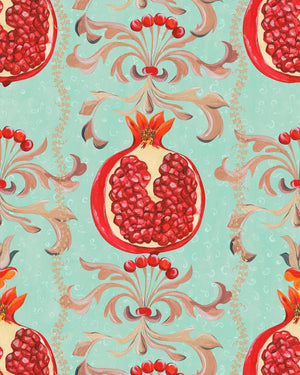 Melagranata wallpaper in Turquoise / Red by Natty & Polly, close-up of the pattern and texture