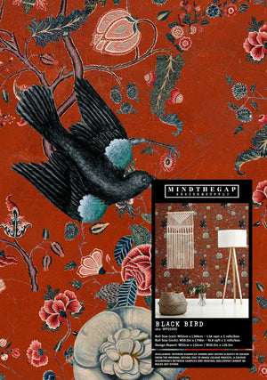 Black Bird wallpaper in Red by Natty & Polly, styled in an interior