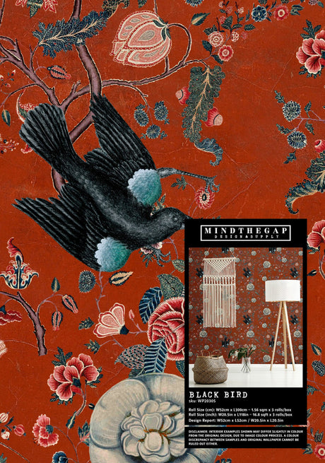 Black Bird wallpaper in Red by Natty & Polly, styled in an interior