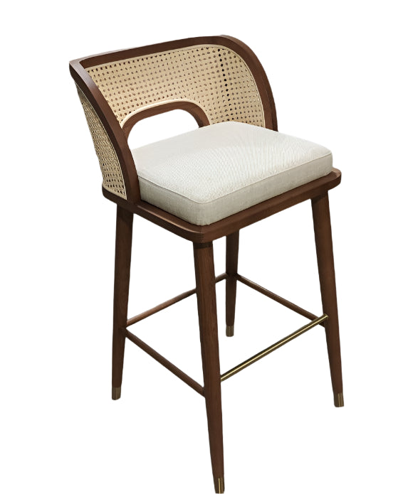 Vienna Cane Bar Stool — Solid Ash, Rattan & Brass