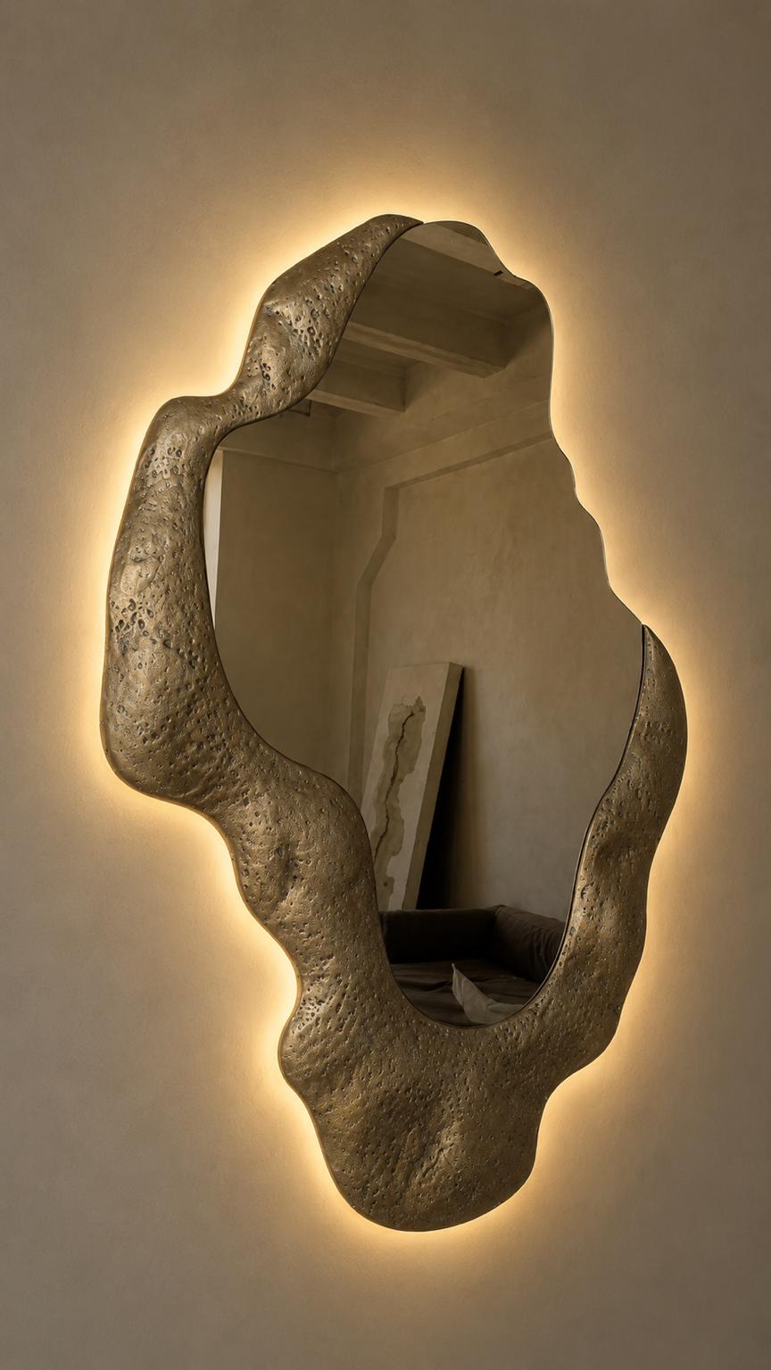 Morphea Halo LED Mirror | Organic Backlit Entry Mirror in Aged Patina Brass |