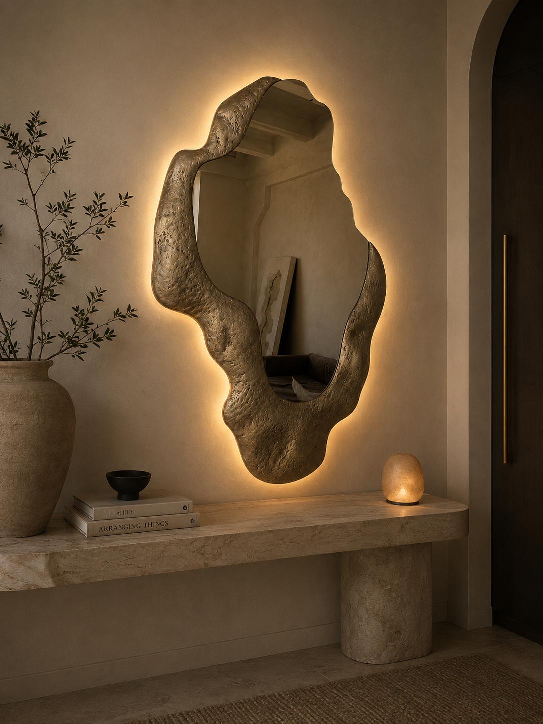 Morphea Halo LED Mirror | Organic Backlit Entry Mirror in Aged Patina Brass |