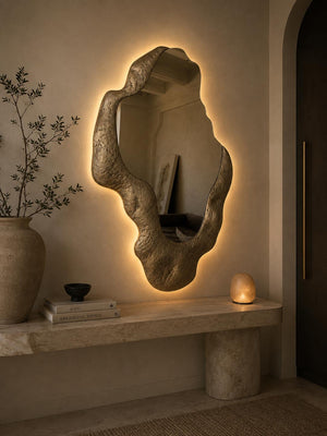 Morphea Halo LED Mirror | Organic Backlit Entry Mirror in Aged Patina Brass |