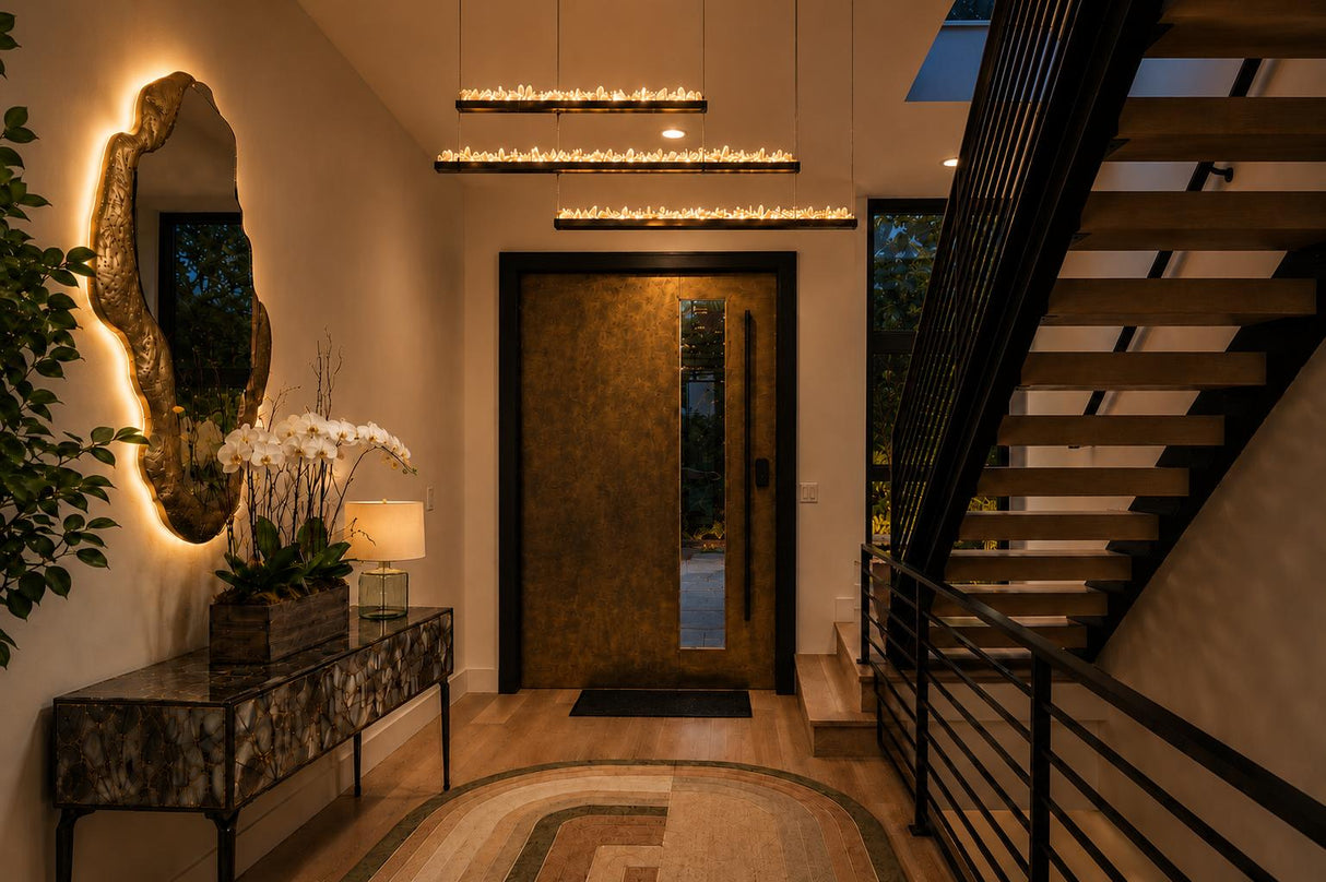Morphea Halo LED Mirror | Organic Backlit Entry Mirror in Aged Patina Brass |