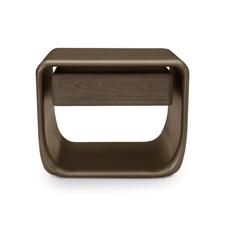 Maison Debrah Corix brass nightstand with single matte light grey elm veneer drawer front