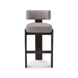 Maison Debrah Ashven dark grey ash wood bar stool with cross-braced frame and woven fabric seat