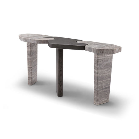 Maison Debrah Nelis console table in silvery grey travertine and dark grey elm veneer — view 2