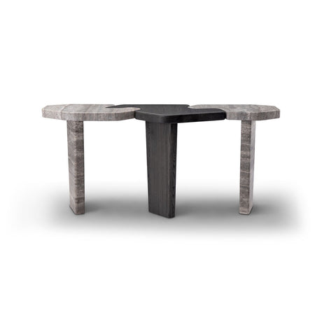 Maison Debrah Nelis console table in silvery grey travertine and dark grey elm veneer