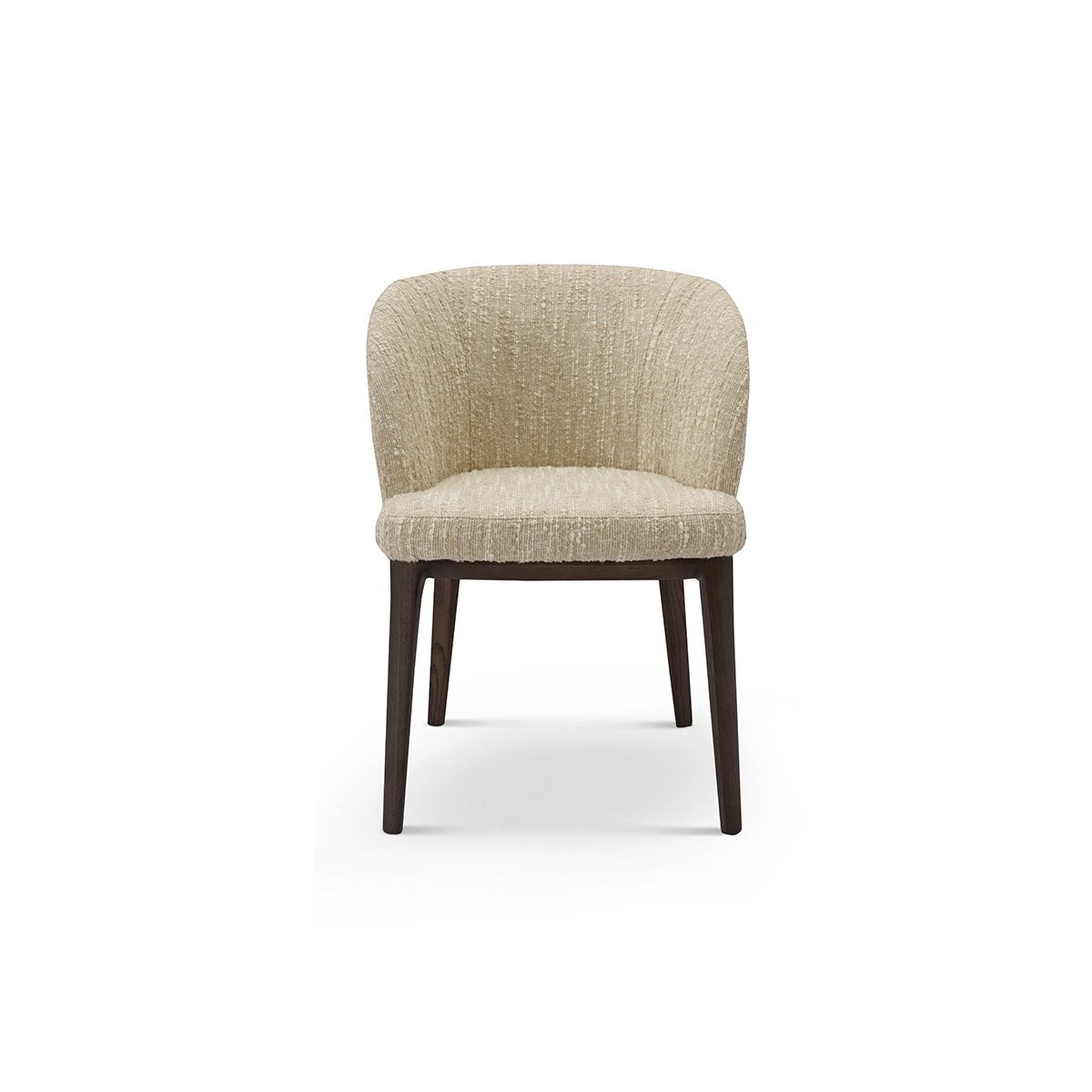 Maison Debrah Lorien dining chair in oatmeal bouclé with barrel back and dark wood legs