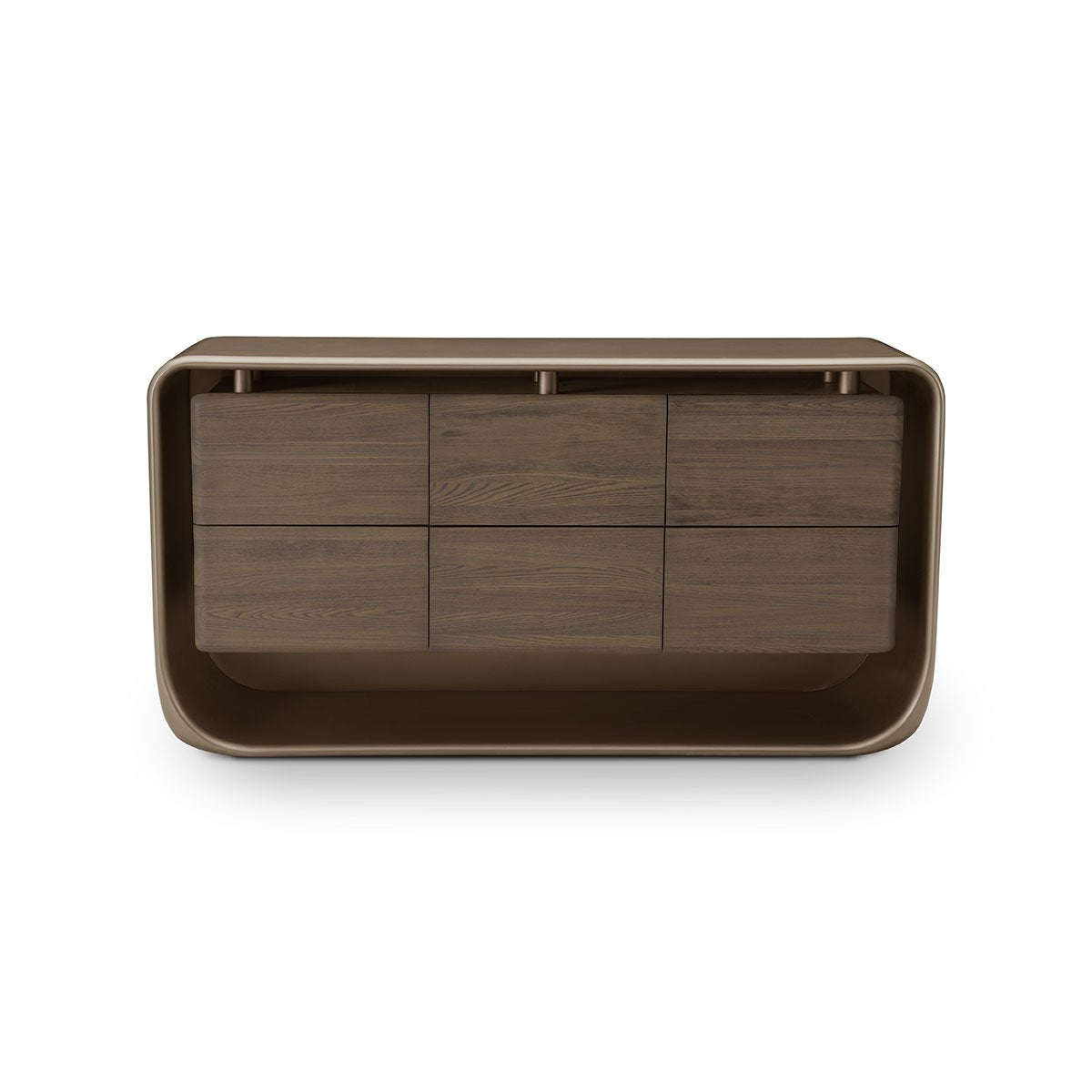 Maison Debrah Solix low drawer cabinet in brass metallic with light grey elm drawer fronts