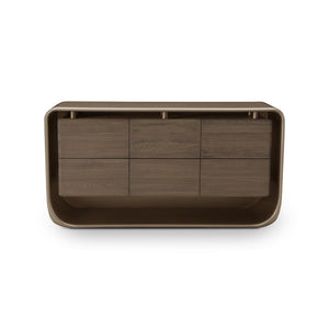 Maison Debrah Solix low drawer cabinet in brass metallic with light grey elm drawer fronts