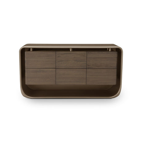 Maison Debrah Solix low drawer cabinet in brass metallic with light grey elm drawer fronts