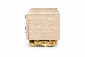 Incanto Travertine Veneer Luxury Bedside Table with Gold Leaf Detail | Designer Stone Nightstand