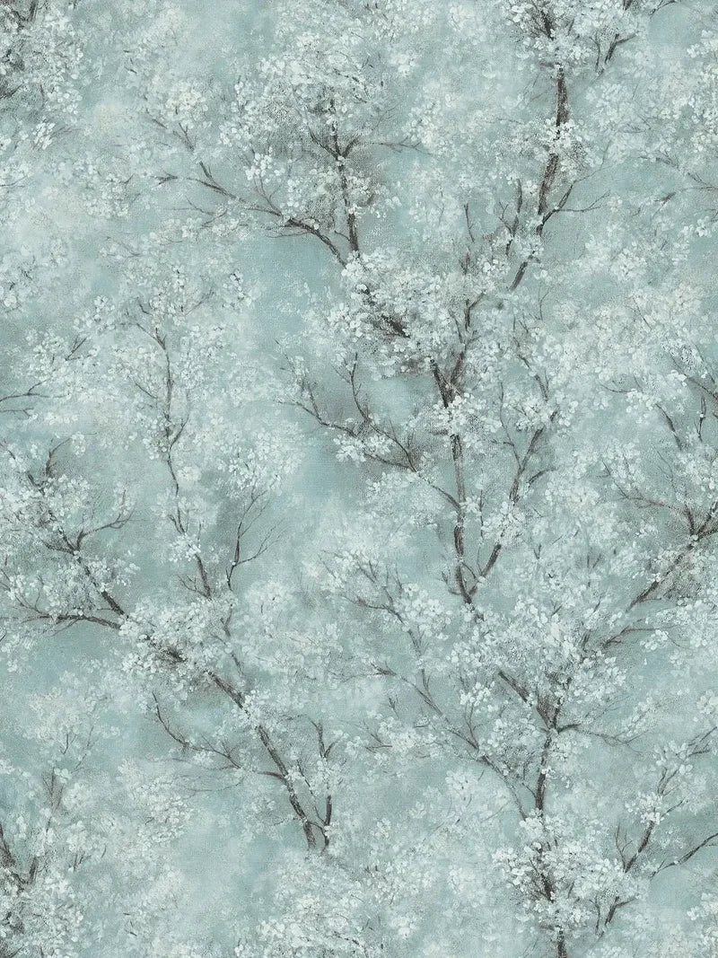 Chinoiserie Tree wallpaper in Turquoise by Natty & Polly, full pattern view