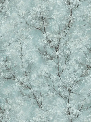 Chinoiserie Tree wallpaper in Turquoise by Natty & Polly, full pattern view