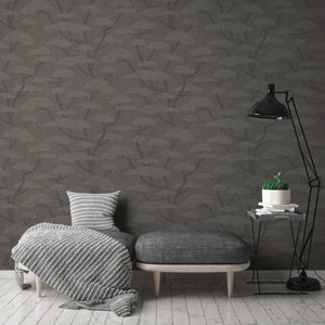 Chinoiserie Tree wallpaper in Charcoal by Natty & Polly, full pattern view