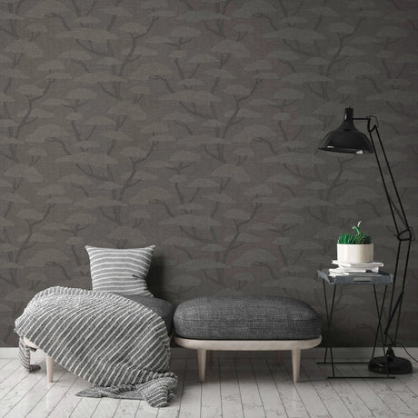 Chinoiserie Tree wallpaper in Charcoal by Natty & Polly, full pattern view