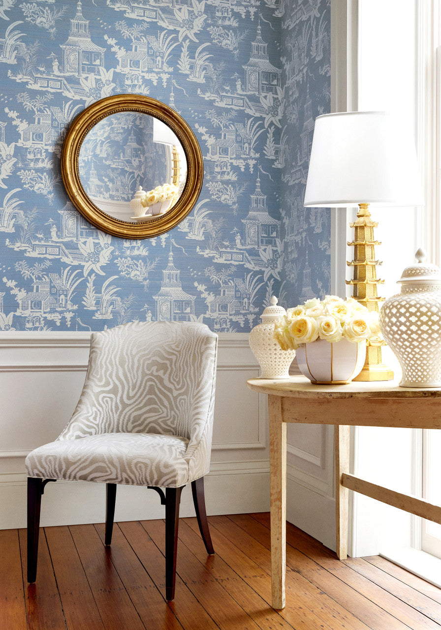 Empress Court wallpaper in Blue by Natty & Polly, full pattern view