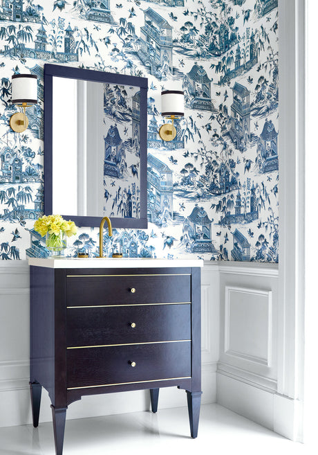 Grand Palace wallpaper in Blue / White by Natty & Polly, full pattern view
