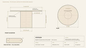 Cascadia Bullnose 140 cm round travertine dining table dimensions drawing
