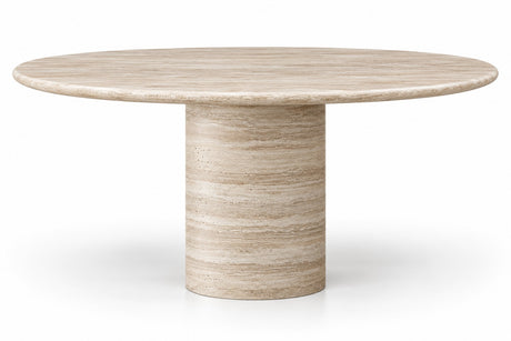Cascadia Bullnose round travertine dining table 140 cm with straight cylinder pillar, Cocolea