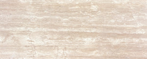 Natural honed travertine slab with ivory and blush-beige banding for Cascadia Bullnose table