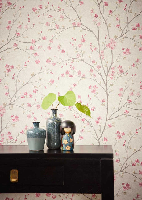 Cherry Tree wallpaper in White / Pink by Natty & Polly, full pattern view