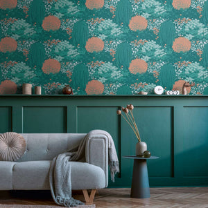 Weeping Tree wallpaper in Green / Orange by Natty & Polly, full pattern view