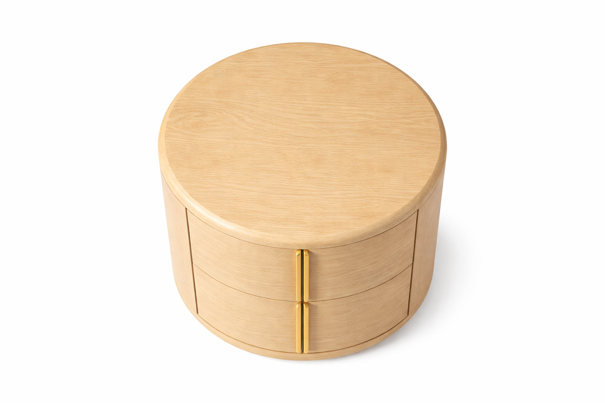 Gasolina Light Oak Veneer Round Bedside Table | Contemporary Designer Nightstand
