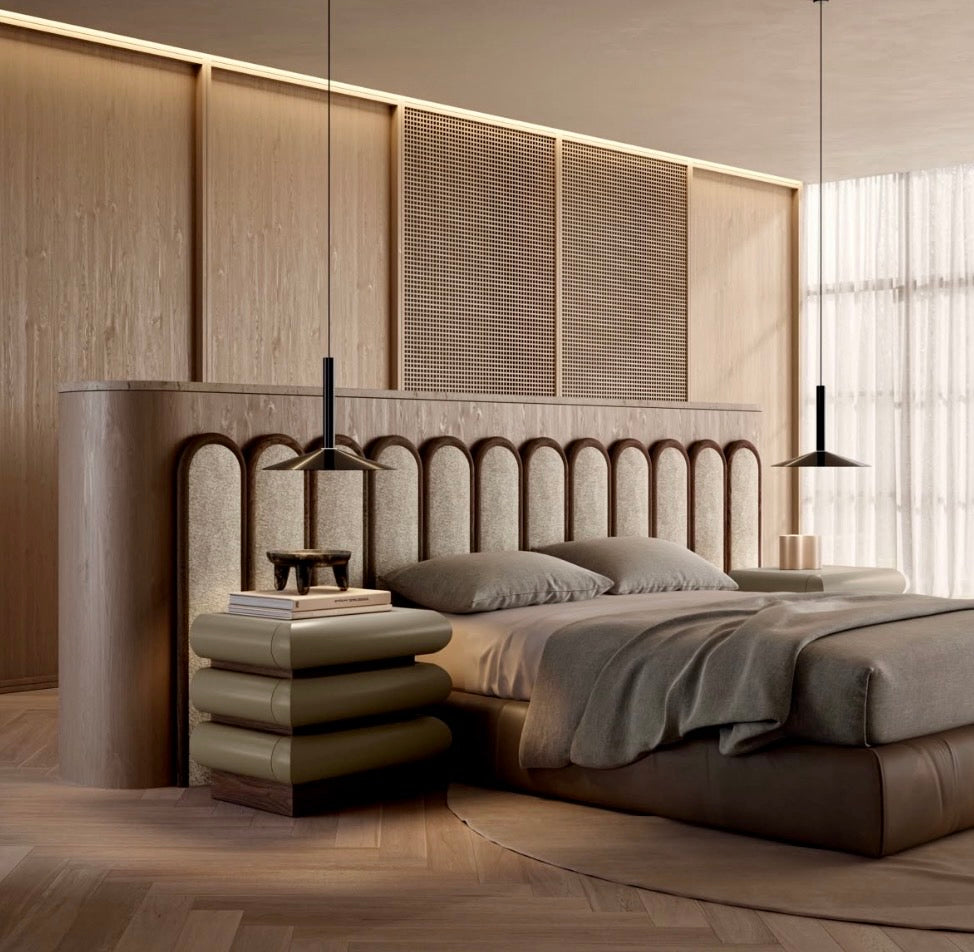 Upholstered bed and bedhead in a warm timber bedroom