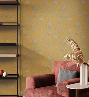 Baum wallpaper in Vintage Yellow by Natty & Polly, full pattern view