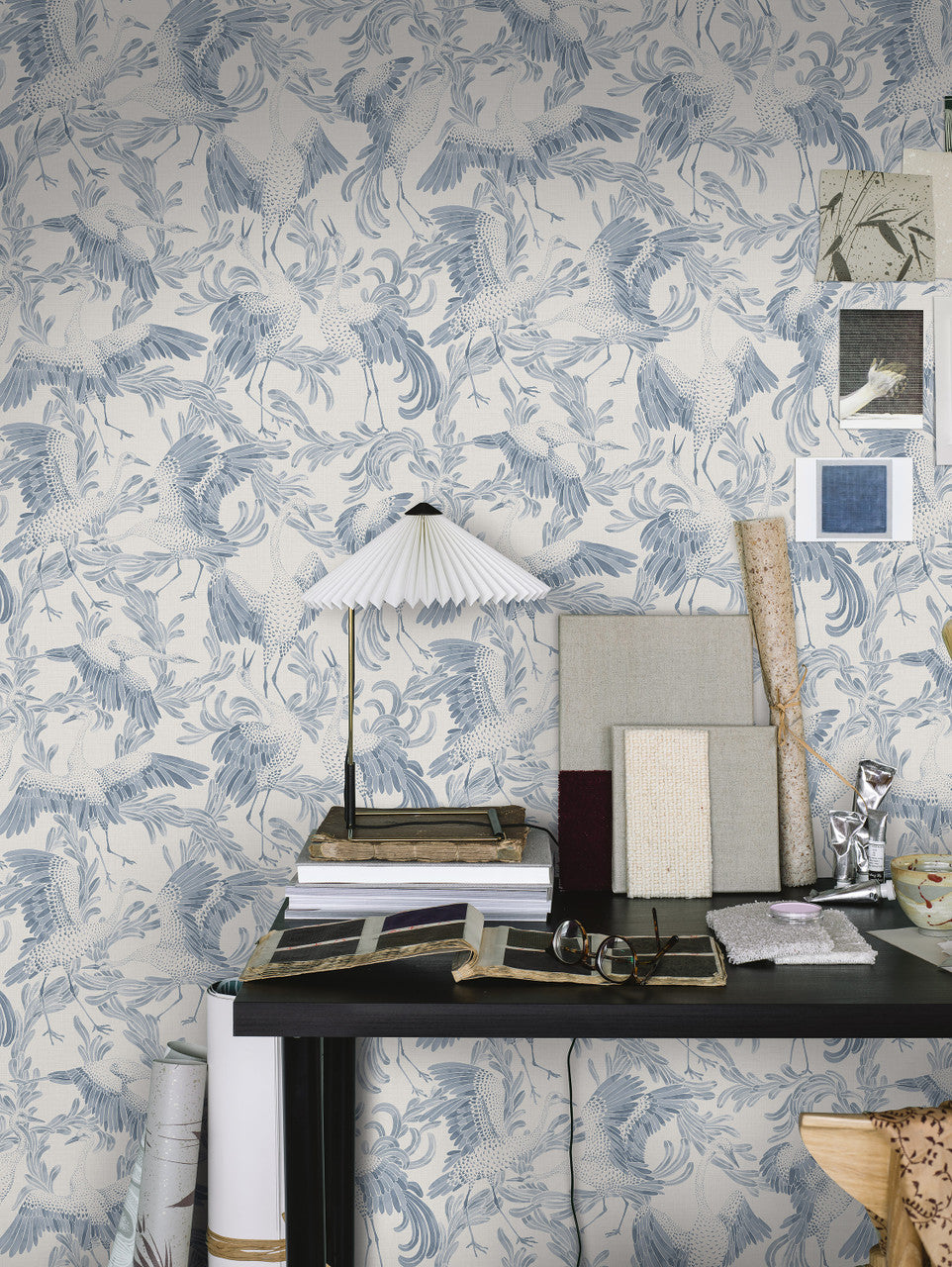 Dancing Crane wallpaper in Ink Blue / Ivory by Natty & Polly, styled in an interior